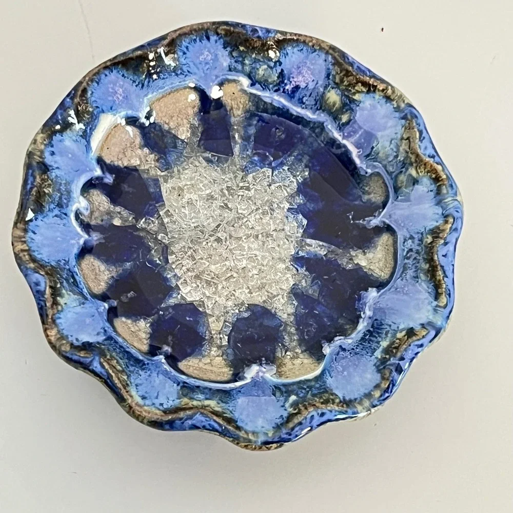 Handmade Ceramic Trinket Dish Blue Swirls Glass Center Made in USA